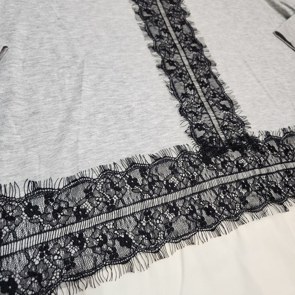 Talbots Top Cotton Shirt Lace Silk Ruffle Trim 3/4 Sleeve Gray Black Cream XL - Picture 9 of 9